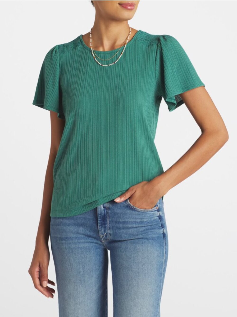 Pink Clover Nevea Flutter Sleeve Knit Top Medium Teal Green Ribbed Blouse